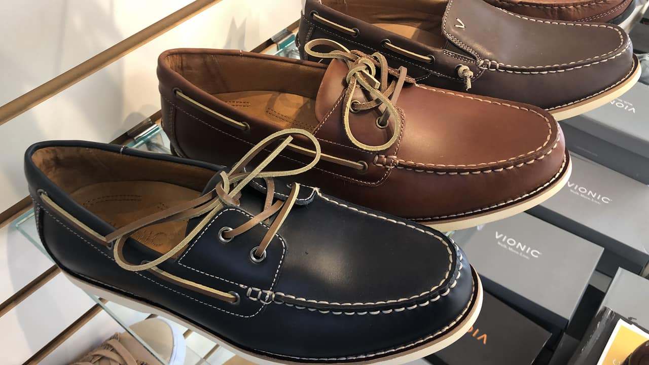 Leather Vionic boat shoes on display